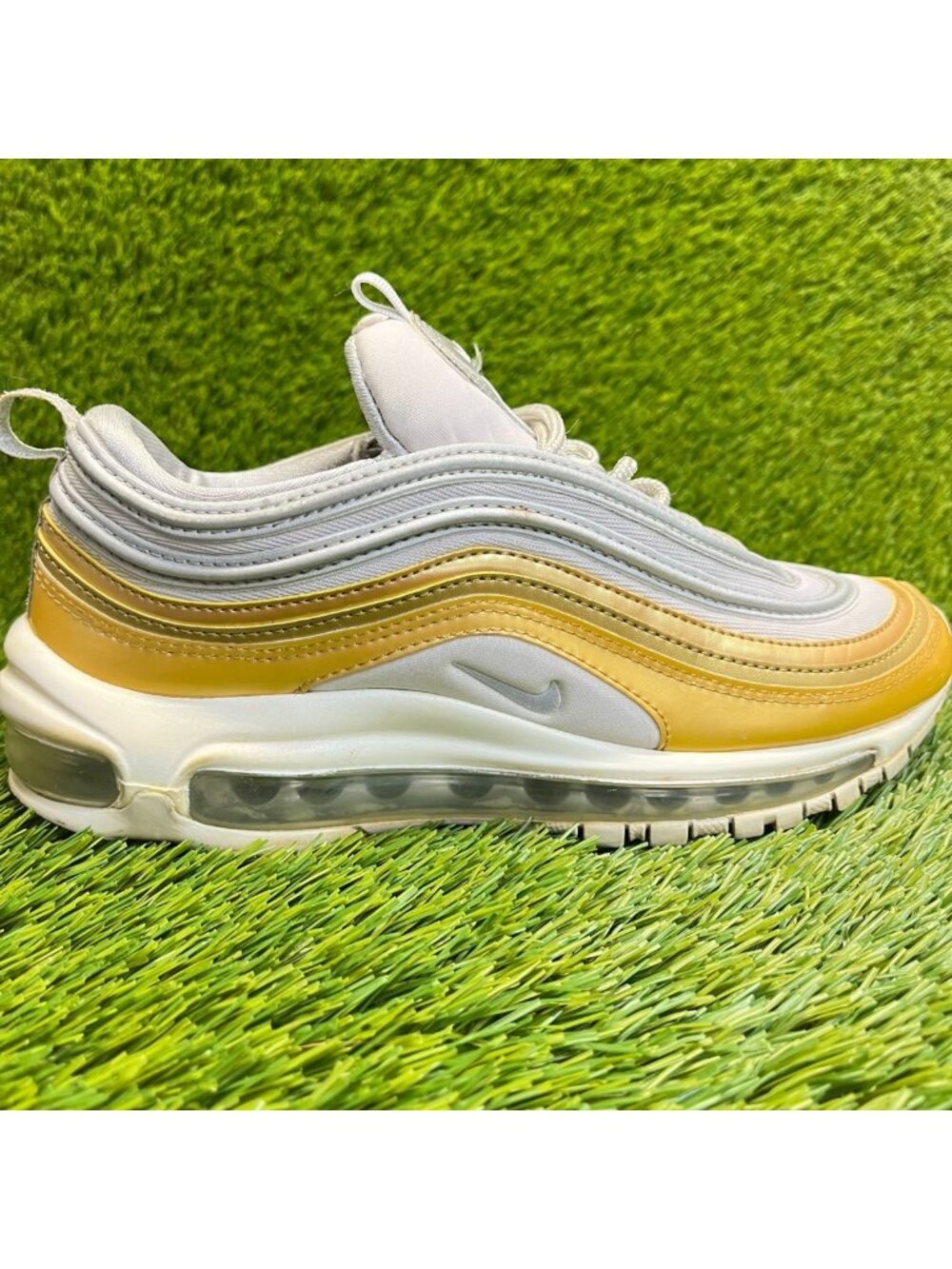 Nike Air Max 97 SE Womens Size 8 Gray Gold White Athletic Running Shoes Sneakers
